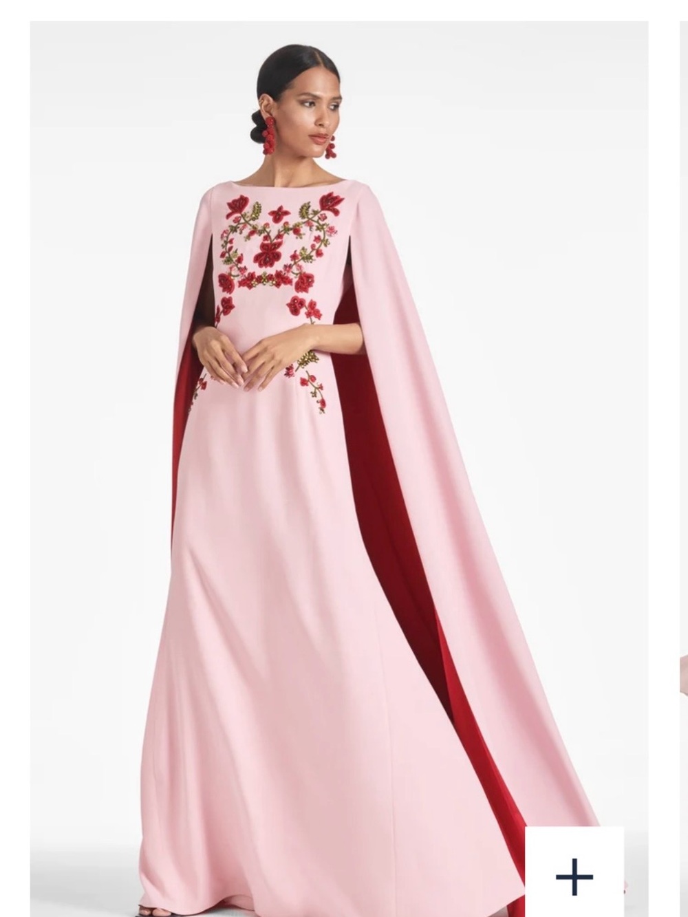 Sachin + Babi Pink Gown with Red Floral Embroidery and cape.